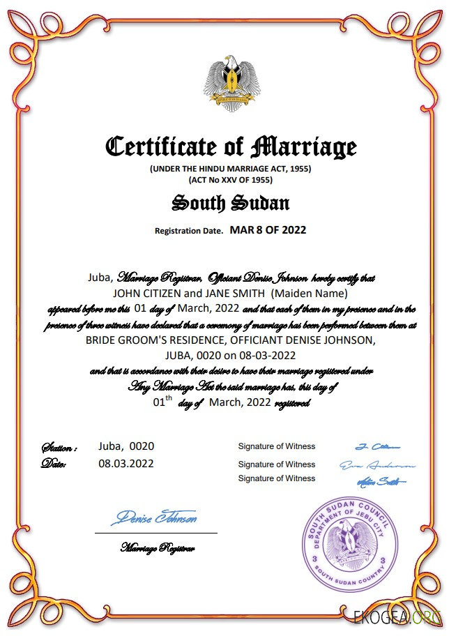 Modèle Word et PDF de certificat de mariage au Soudan du Sud